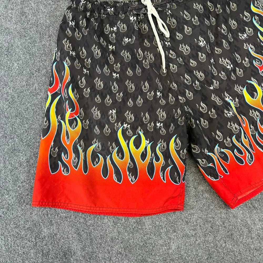 Big Dogs Mens Flame Print Swim Trunks XL Grey Red Fire Logo Board Shorts Y2K